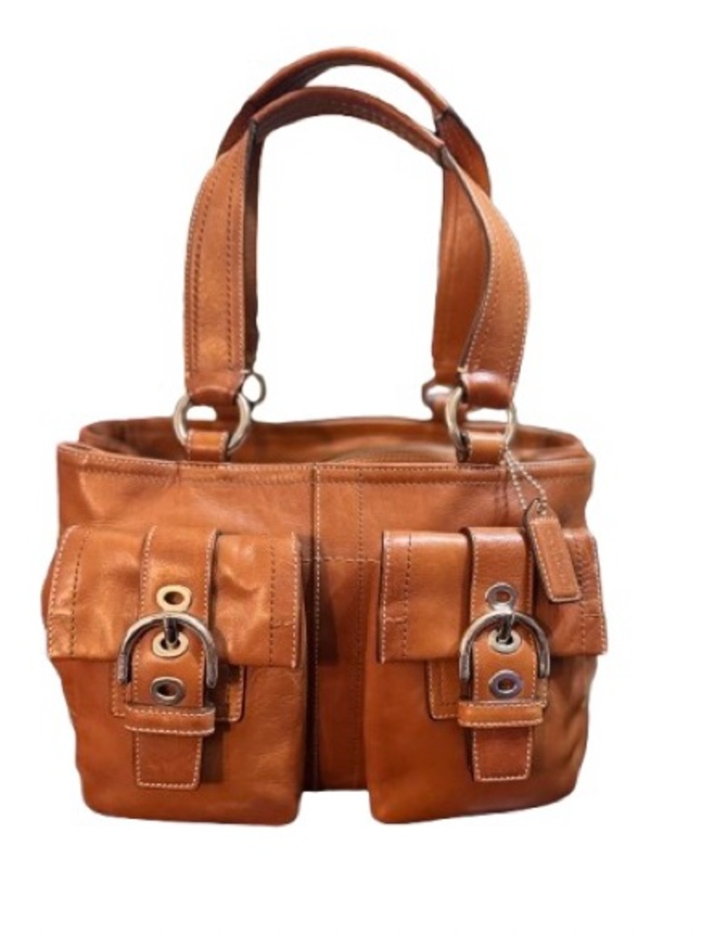 Coach F08A09 Y2K Soho Leather Double Front Pocket Satchel Tote (Whiskey Tan)-EUC